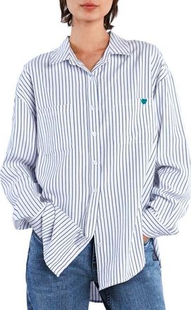 BILLY T Thank You Stripe Embroidered Graphic Button-Up Shirt in Indigo Stripes at Nordstrom, Size X-Small