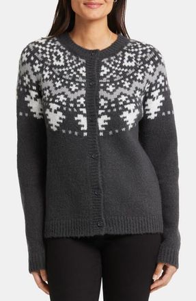 NYDJ Winter Fair Isle Cardigan in Charcoal Heathered at Nordstrom, Size X-Large