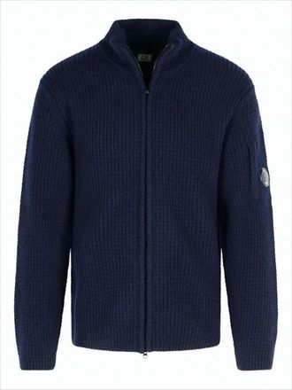 C.P. Company Ribbed Knit Zip-Up Sweater With High Collar And Logo Patch