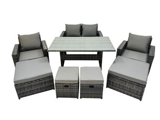 Fimous 8 Seater Outdoor Dining Table Double Seat Sofa 4 Stool Set in Dark Grey
