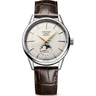 Longines Flagship Heritage Moonphase Automatic Alligator Embossed Leather Strap Watch, 38.5mm in Cream at Nordstrom