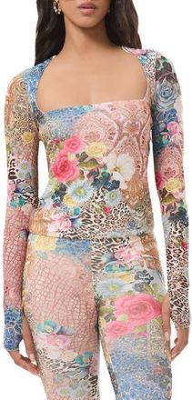 AFRM Ines Mix Print Square Neck Top in Iris Patchwork at Nordstrom, Size X-Large