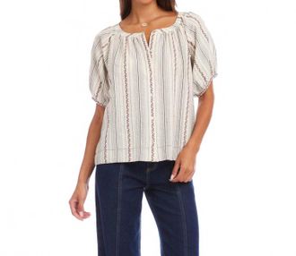 Karen Kane Stripe Puff Sleeve Embroidered Peasant Top In Natural