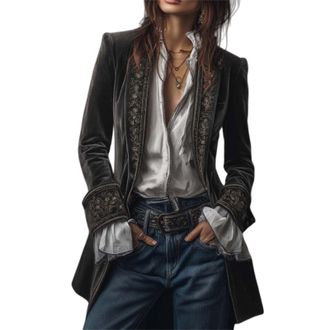 Generic Vintage Navy Polyester Velvet Embroidered Long Jacket, Velvet Blazer Jacket for Women Open Front Steampunk Outerwear (Dark Gray,L)