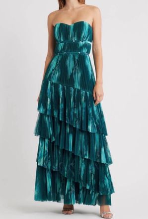 Hutch Lanza Strapless Tiered Tulle Gown In Teal Bloom
