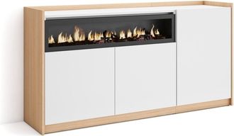 Skraut Home Aparador efecto madera blanco roble 157x37x80cm chimenea efecto fuego