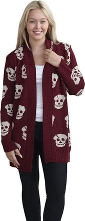 Generic Womens Skull Printed Long Sleeves Knitted Cardigan, Ladies Soft & Cosy Winter Ribbed Edge Trim Warm Chunky Knit Skeleton Open Front Halloween Top Jump