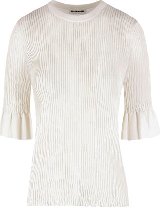 Jil Sander Ribbed Knit Top with Ruffled Sleeves