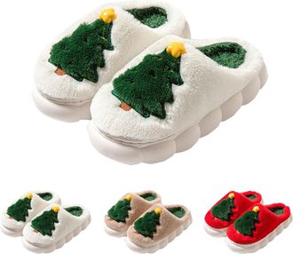 Generic Fluffy Slippers Women, Womens Festive Deer Design Cozy Indoor Slippers with Closed Toe and Flat Sole for Holiday Comfort ( 2-White, 4.5)