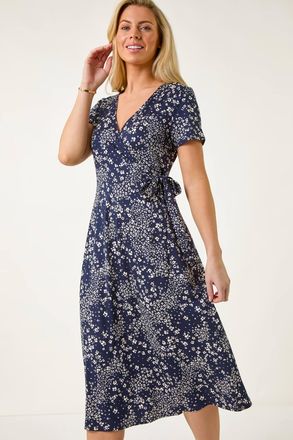 Roman Ditsy Tie Waist Stretch Midi Dress
