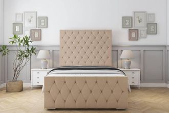Sloomy Watson Plush Bed Frame With 50 Upholstered Headboard in Stone | Size: Double