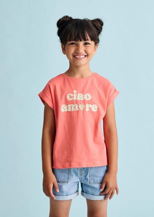 Vertbaudet M&auml;dchen T-Shirt, Blumen-Schriftzug koralle