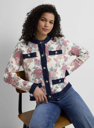 Contemporaine Womens Floral tapestry denim hem Cardigan Sweater