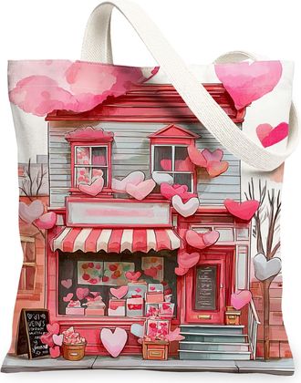 Generic Heart Print Canvas Tote Bags, Floral Design Reusable Grocery Bags, Spring Vintage Lightweight Washable Shoulder Strap, Peach, 13x15 Inch