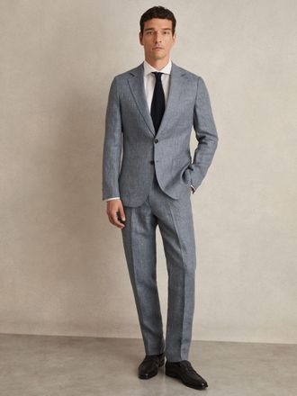 Reiss Soft Blue Slim Fit Linen Check Suit Trousers, 32