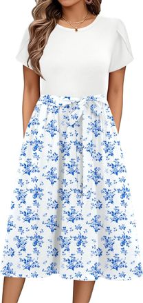 Zeagoo Summer Dress Womens Elegant Dresses Short Sleeve Crew Neck Midi Dress A-line Flower Dress Casual Tunic Dress High Waist Beach Dress with Pockets S-XXL