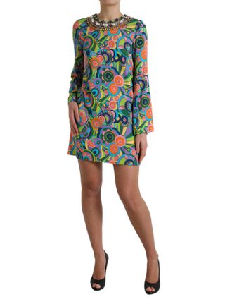 Dolce & Gabbana Womens Multicolor Geometric Print Silk Crystals Midi Dress Elastane
