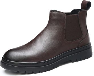 Generic Mens Flat Heel Platform Short Boots Pull on Chelsea Ankle Boots Round Toe PU Leather Casual Boot,Brown,6.5 UK