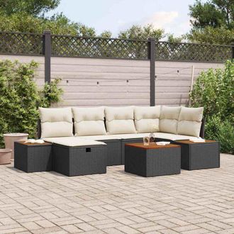 vidaXL Vidaxl - Conjunto De Sof&aacute; De Jard&iacute;n Con Coj&iacute;n 7 Pcs Negro Polirat&aacute;n
