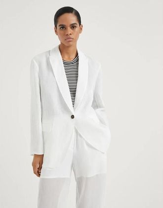 Brunello Cucinelli White Relaxed Cotton Blazer, Brand Size 44 (US Size 10)