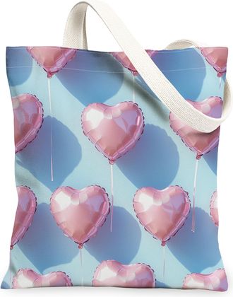 Generic Valentines Day Heart Balloon Canvas Tote Bags, Stylish Peach Love Design Reusable Grocery Bags, Lightweight Washable Shoulder Strap Canvas for Travel 