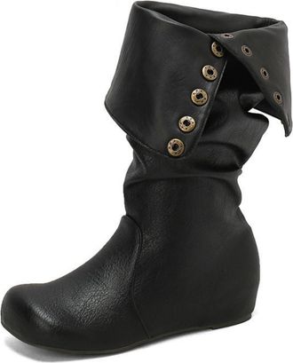 Generic Womens Wedge Heel Knee High Boot Round Toe PU Leather Long Boots Pull on Slouch Boot with Button,Black,10.5 UK