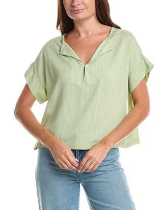 Max Studio Short Sleeve Split Neck Linen-Blend Top