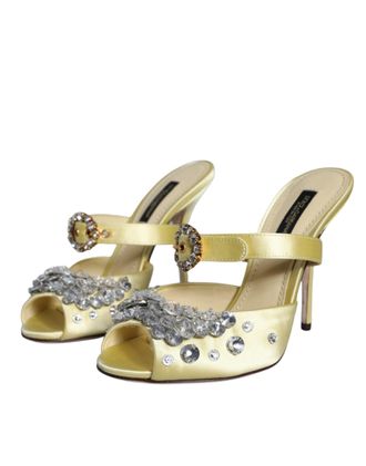 Dolce & Gabbana Womens Yellow Mary Janes Satin Crystal Sandals Shoes Viscose