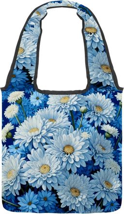 Generic Blue & White Daisies Reversible Canvas Shoulder Tote - Double-Sided Print, 12oz Cotton, 27cm Drop, Fold-Flat Bag for Travel, Shopping, Street Outings