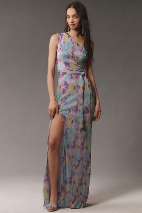 Dress The Population Bella One-Shoulder Tie-Waist Side-Slit Pliss&eacute; Maxi Dress