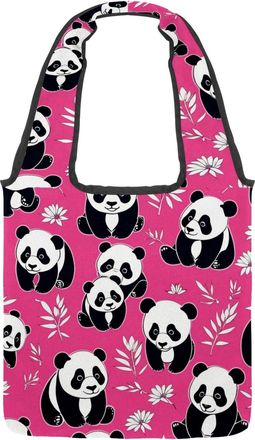 Generic Cute Panda on Pink Reversible Canvas Shoulder Tote - Double-Sided Print, 12oz Cotton, 27cm Drop, Fold-Flat Bag for Travel, Shopping, Street Outings