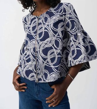 Joseph Ribkoff Abstract Jacquard Trapeze Jacket In Navy/off-White