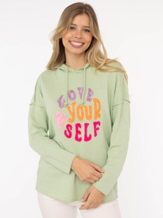 Zwillingsherz Hoodie ZWILLINGSHERZ Love Yourself, Damen, Gr. L/XL, gr&uuml;n, Web, Obermaterial: 70% Baumwolle, 30% Polyester, bedruckt, unifarben, h&uuml;ftbedeckend, ohne A