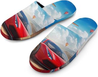 Generic Car Racing Mens Slippers Flannel Warm House Shoes with Rubber Anti-Slip Sole Slip On for Home Outdoor