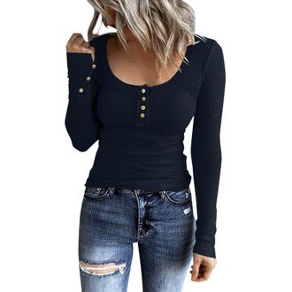Generic Long Sleeve Stretch Top Shirts Slim Fit Button Down Henley T Shirts Scoop Neck Ribbed Knit Shirts Tight Ladies Blouses Comfy Tee Tops for Everyday Bar