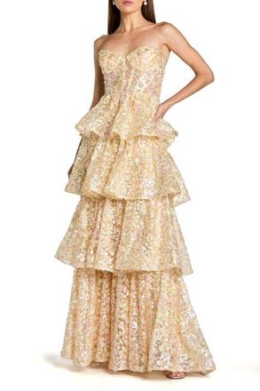 Mac Duggal Strapless Sweetheart Neck Tiered Ruffle Gown in Nude Multi at Nordstrom, Size 10