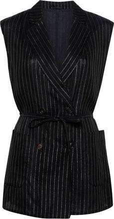 Brunello Cucinelli pinstripe-pattern belted waistcoat - women - Cotton/Polyester/Cotton/Cupro/Eco Brass - 42 - Blue