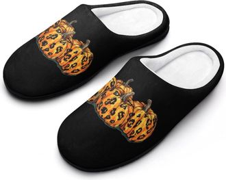 Generic Leopard Print Pumpkins Cotton Womens Slip-on Slippers Winter Warm House Shoes with Rubber Sole for Home Office Hotel