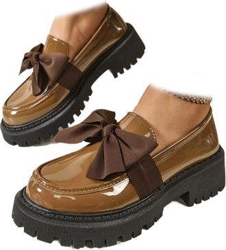 Generic 2026 New Womens Cute Bowknot Design Loafers Bowknot Slope Heel Chunky Heel Shoes Fashionable Solid Color Slip on Loafers Lightweight Business Office W