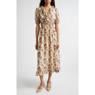 Ulla Johnson Rosamude Floral Puff Sleeve Midi Dress in Cameo at Nordstrom, Size 6