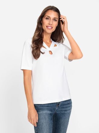 Heine T-Shirt HEINE Shirt, Damen, Gr. 34, weiss (wei&szlig;), 90% Polyamid, 10% Elasthan, unifarben, V-Ausschnitt, Shirts T-Shirt