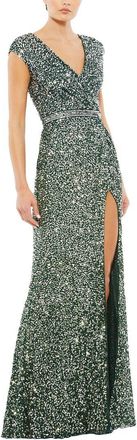 Mac Duggal Cap Sleeve Sequined High Slit Gown