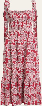 Erdem Floral Embroidered Cotton Smocked Sleeveless Midi Dress