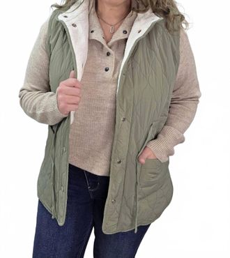 Staccato Faux Fur Lined Snap Button Tie Vest In Olive