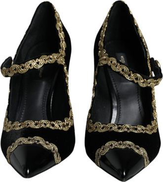 Dolce & Gabbana Black Mary Janes Velvet Gold Pumps Womens Shoes