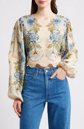 Farm Rio Garden Scarf Print Linen Top in Garden Scarf Blue at Nordstrom, Size X-Large