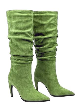 Generic Women Thigh High Suede Boots Pleated Shaft Stiletto Heel Winter Outdoor Casual Long Boot