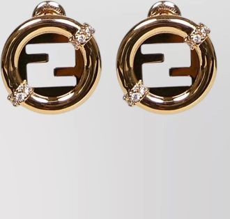 Fendi round logo crystal detail earrings pair