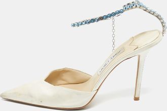 Jimmy Choo London Off White Satin Saeda Crystals Ankle Strap Pumps