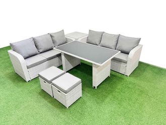 Fimous 8 Seater Rattan Outdoor Dining Table Set with Side Table 2 Stools in Light Grey